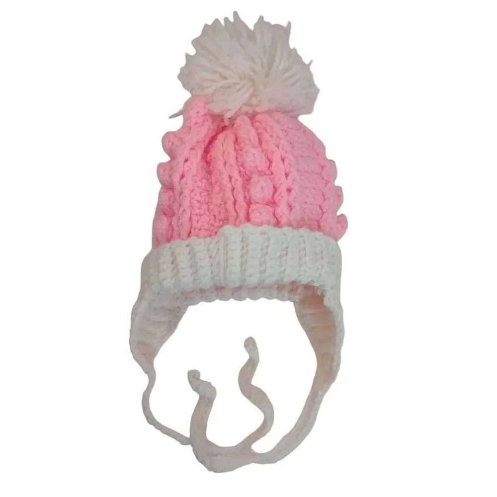 Handmade Pink and white Baby Winter Hat Pom Pom Crochet Ear flaps with ties
